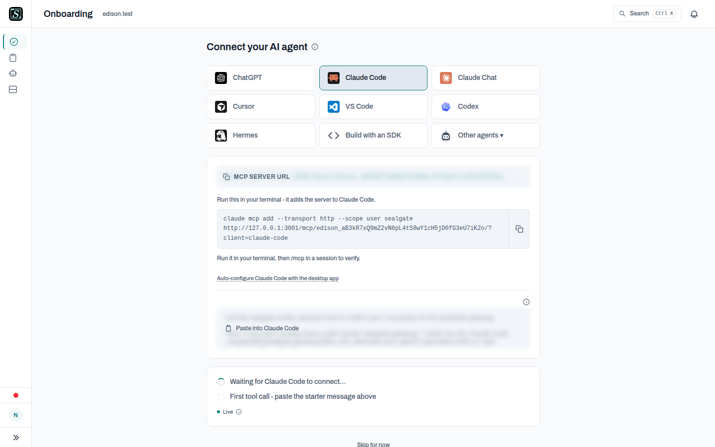 Connect-first onboarding screen in the dashboard