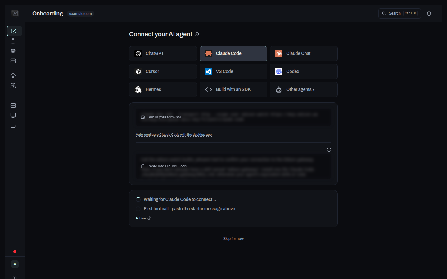 Connect-first onboarding screen in the dashboard