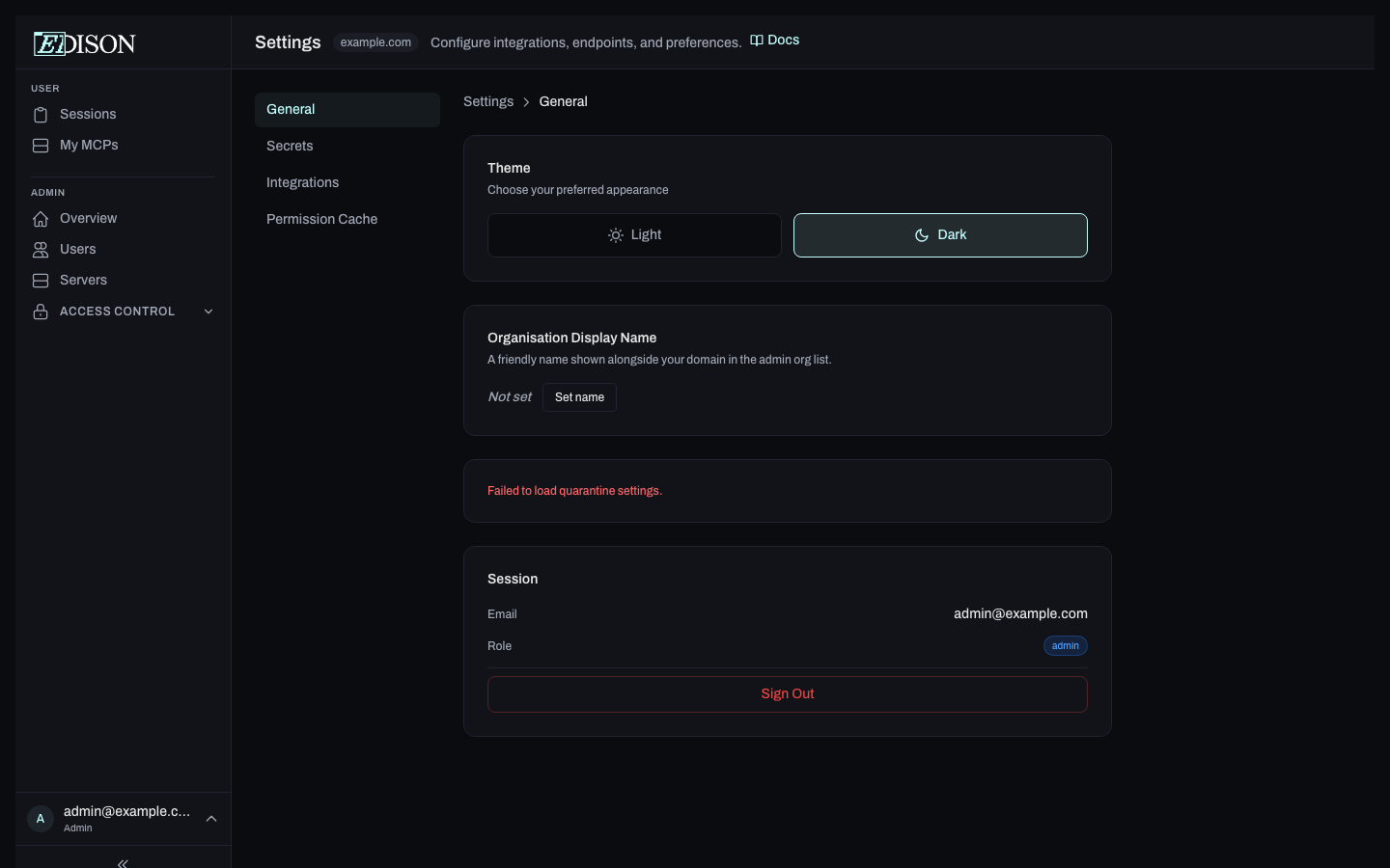 Settings page
