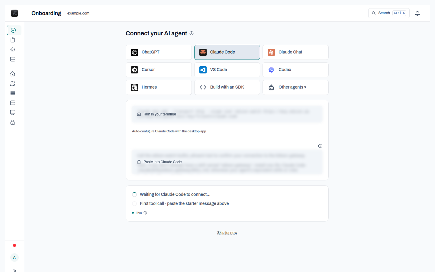 Connect-first onboarding screen in the dashboard