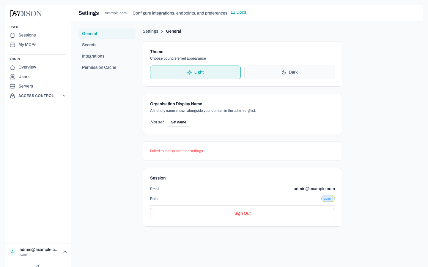 Settings page